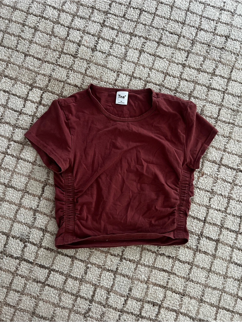 TNA Burgundy Short-Sleeve Ruched Crop Top